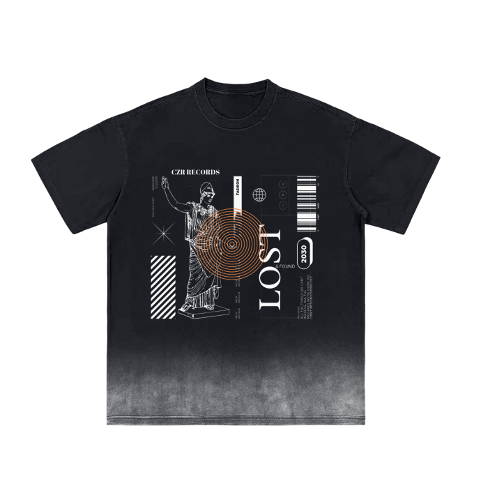 CZR RECORDS APPAREL- Lost & Found Black Vintage Washed Gradient T-Shirt - 250 GSM